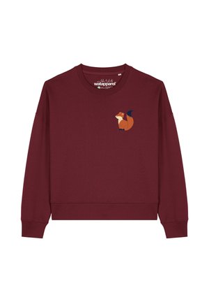 Bordeauxfarbener Sweatshirt mit lockerer Passform. Verfügt über eine Fuchs-Grafik in Orange und Blau auf der Brust. Hergestellt aus weichem Baumwollmischgewebe.