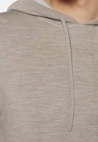 Ljus beige hoodie med mjuk textur, dragsko i huvan och subtila horisontella linjer i tyget. Enkel och avslappnad design.