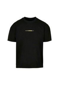 Black cotton t-shirt with short sleeves, featuring yellow text "2Y STUDIOS" on the chest, round neck design and a relaxed fit.