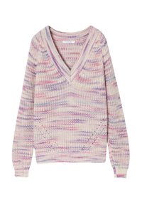 Gehaakte trui met V-hals, lange mouwen en een pastelmeerkleurig patroon in roze, paars en crème tinten.
