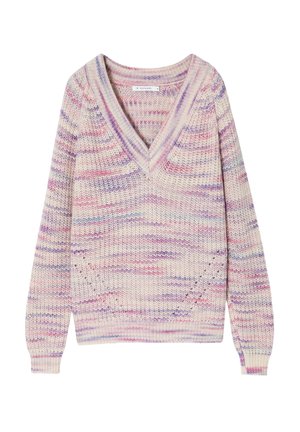 Maglione lavorato a maglia con scollo a V, maniche lunghe e motivo multicolore pastello nei toni di rosa, viola e crema.