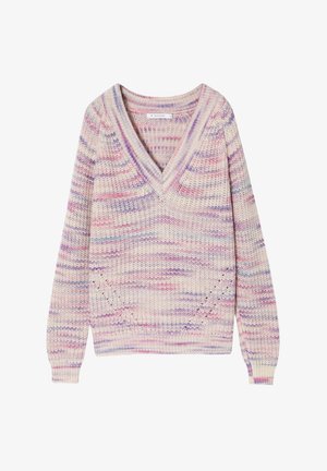 Maglione lavorato a maglia con scollo a V, maniche lunghe e motivo multicolore pastello nei toni di rosa, viola e crema.