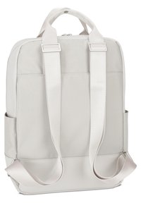 Világosszürke hátizsák állítható pántokkal, felső fogantyúval, oldalsó zsebekkel, sima anyagból készült és minimalista téglalap alakú dizájnnal rendelkezik.