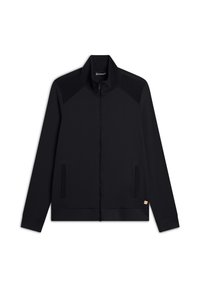 Giubbotto nero con zip, colletto alto, pannelli sulle spalle testurizzati, tasche laterali e polsini elasticizzati. Tessuto liscio e design minimalista.