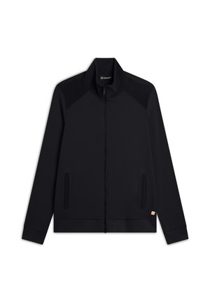 Giubbotto nero con zip, colletto alto, pannelli sulle spalle testurizzati, tasche laterali e polsini elasticizzati. Tessuto liscio e design minimalista.