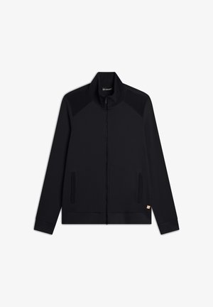 Giubbotto nero con zip, colletto alto, pannelli sulle spalle testurizzati, tasche laterali e polsini elasticizzati. Tessuto liscio e design minimalista.