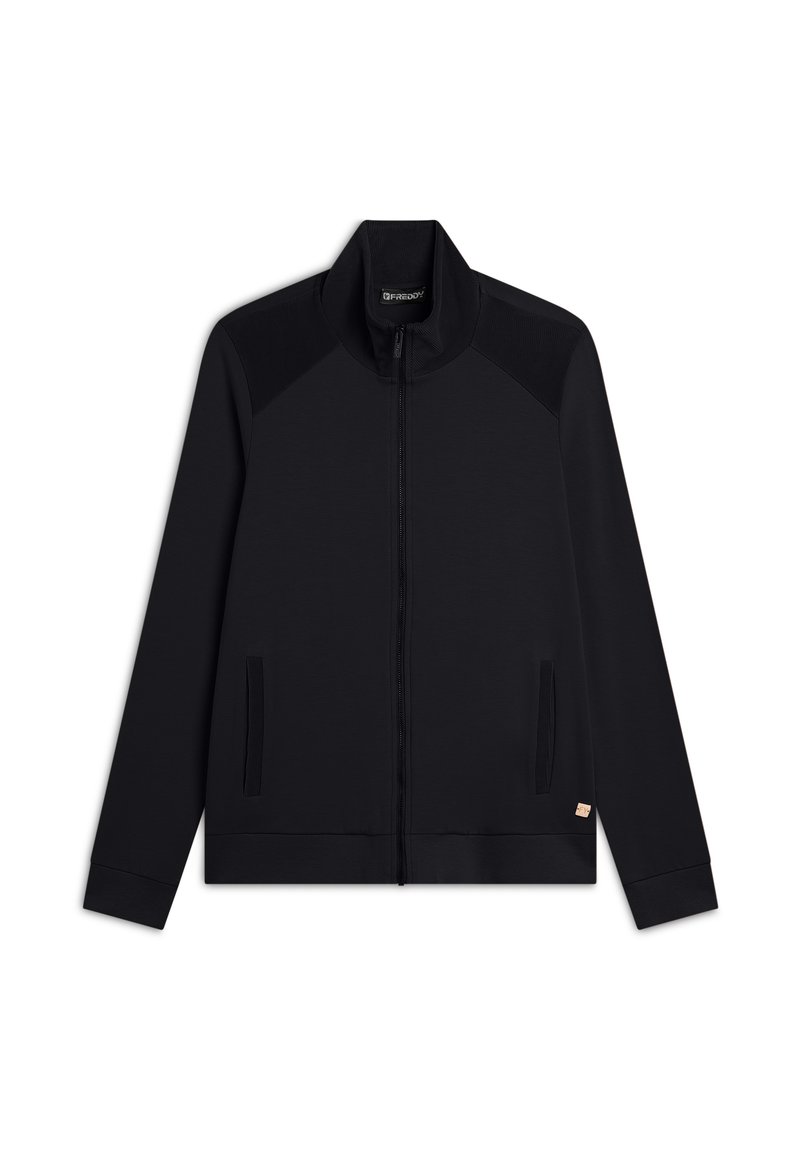 Giubbotto nero con zip, colletto alto, pannelli sulle spalle testurizzati, tasche laterali e polsini elasticizzati. Tessuto liscio e design minimalista.