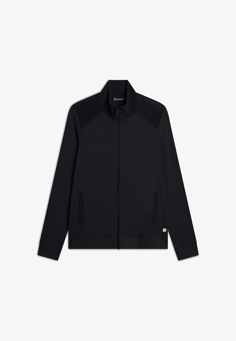 Veste zippée noire avec col montant, panneaux d'épaule texturés, poches latérales et poignets élastiques. Tissu lisse et design minimaliste.