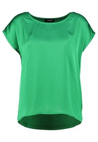 Top verde de manga corta hecho de una tela suave. Presenta un escote redondeado y un dobladillo inferior curvado. Sin patrones ni detalles visibles.