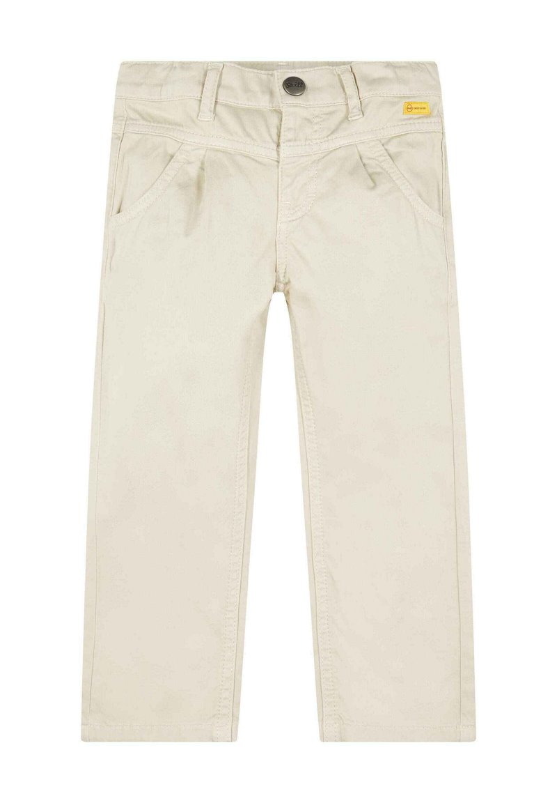 Pantaloni in cotone beige chiaro con design a gamba dritta, dotati di tasche frontali e un bottone metallico a contrasto.