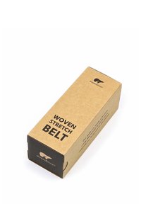Scatola di cartone marrone con testo in nero bold che dice "CINTURA ELASTICA INTRECCIATA", con un piccolo logo nell'angolo superiore.