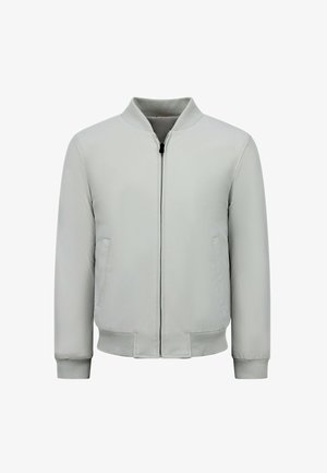 Lichtgrijze bomberjas met ritssluiting aan de voorkant, geribde kraag, manchetten, tailleband en zijzakken, afgebeeld tegen een witte achtergrond.