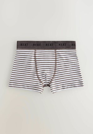 Gestreifte Boxershorts mit einem braun-weißen Muster, ausgestattet mit einem dunkelgrauen elastischen Bund, der mit "NEXT" beschriftet ist. Hergestellt aus weichem Stoff.
