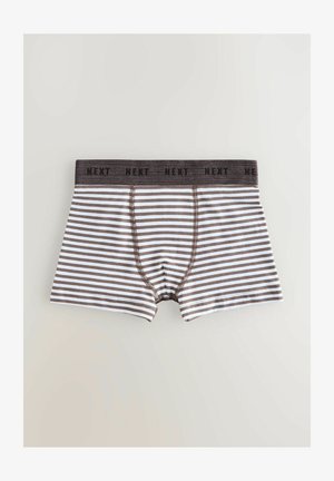 Striped boxer briefs in brown and white, featuring a dark waistband with "NEXT" printed. Soft fabric with a fitted design and standard leg length.