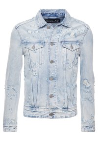 Light blue distressed denim jacket with metal buttons, two chest pockets, and a collar, branded "Replay" on the inner label.