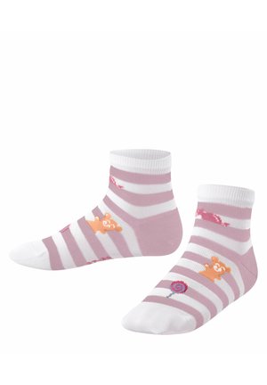 Chaussettes montant jusqu'à la cheville avec des rayures horizontales roses et blanches, ornées d'illustrations d'ours en peluche orange, de dauphin rose et de sucette.