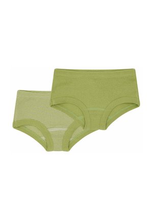 Twee paar groene katoenen boyshorts: één effen, één met groene en witte strepen. Kenmerken zachte stof en elastische taillebanden.