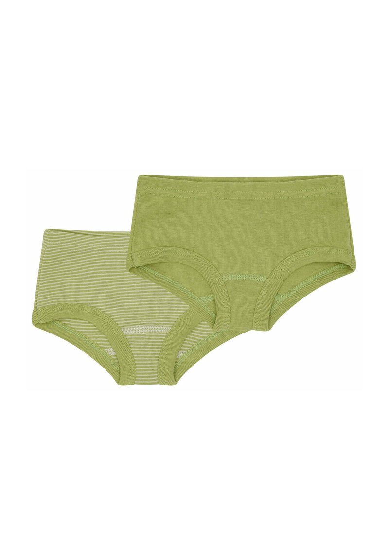 Twee paar groene katoenen boyshorts: één effen, één met groene en witte strepen. Kenmerken zachte stof en elastische taillebanden.