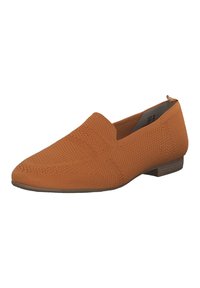 Orange gestrickter Slipper mit spitzem Zehenbereich und niedrigem Absatz. Verfügt über ein strukturiertes Muster und minimalistisches Design. Hergestellt aus weichem Material.