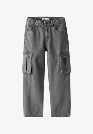 Gray cargo pants with button and zipper closure, belt loops, front pockets, and large flap pockets on both thighs.