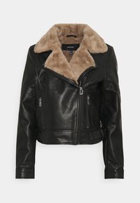 Zwarte leren jas met nepbontkraag, ritssluiting aan de voorkant, twee met rits afgesloten zakken, cropped ontwerp en een gladde textuur.