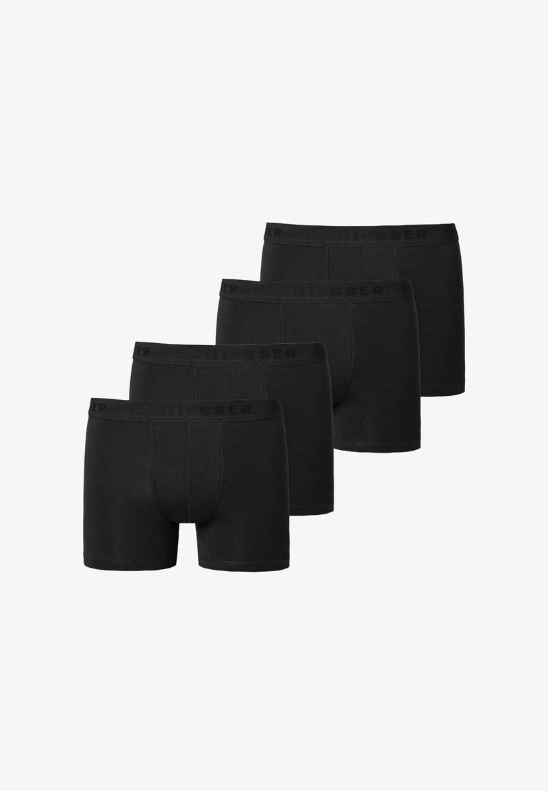 Conjunto de cuatro bóxers negros de algodón, con una cintura con logo, textura lisa y diseño ajustado.