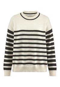 Gestreifter Pullover in Creme und Schwarz, mit einem runden Ausschnitt, gerippten Bündchen und Saum. Weicher Stoff mit abwechselnd dicken und dünnen Streifen.
