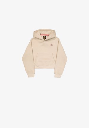 Beige verkürzter Hoodie aus weichem Stoff, mit einer vorderen Tasche, Kapuze und kleinem Logo auf der Brust. Glatte Textur und lässige Passform.