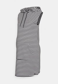 Vestido listrado sem mangas em algodão preto e branco, com capuz, bolso frontal e um corte relaxado de comprimento médio.