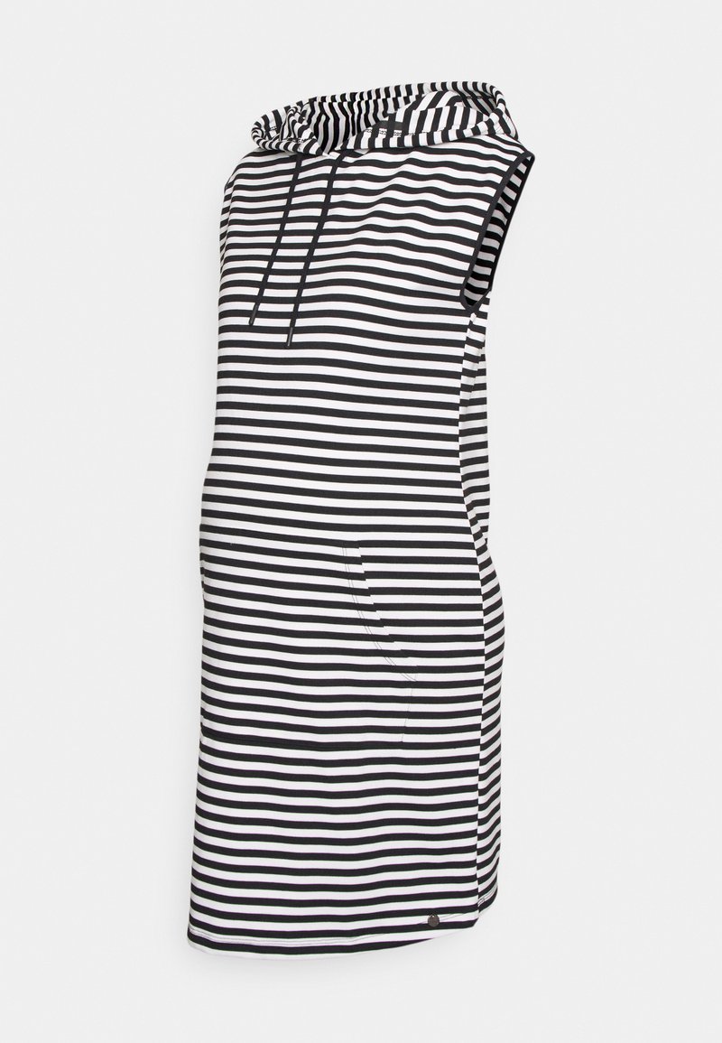 Vestido listrado sem mangas em algodão preto e branco, com capuz, bolso frontal e um corte relaxado de comprimento médio.