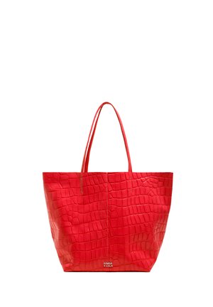 Borsa a mano rossa con texture a coccodrillo, due manici sottili e piccolo logo "Bimba y Lola" al centro in basso.