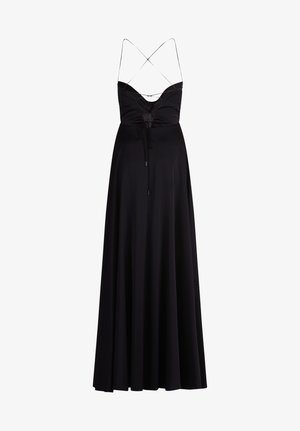 Mustapuku, jossa on tiukkasti istuva yläosa, ohuet olkaimet ja ristiselkämuotoilu. Vaatteessa on poimutettu etuosa, kiristettävä vyötärö ja valuva hame.