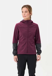 Maroon and gray zip-up jacket with a hood, featuring a smooth texture and two front pockets. Design includes contrasting arm sections.
