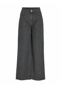 Jean en denim noir taille haute à jambes larges, avec bouton à l'avant et poches, présenté sur un fond blanc uni.