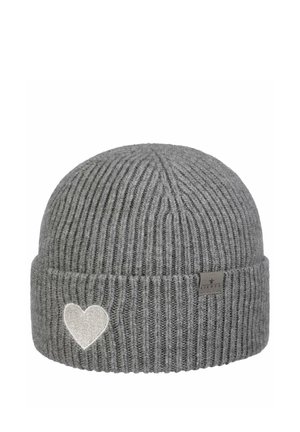 Gray ribbed knit beanie with folded cuff, featuring a small white heart embroidery and a rectangular brand tag on the cuff.