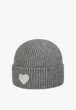 Gray ribbed knit beanie with folded cuff, featuring a small white heart embroidery and a rectangular brand tag on the cuff.