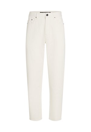 Jeans in denim bianco con design a gamba dritta, stile a cinque tasche e chiusura con zip. Texture liscia con dettagli di cucitura sottili.