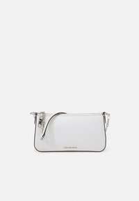 White rectangular crossbody bag with silver zipper and chain strap, black trim, and small metal logo on front center.