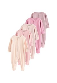Cinq pyjamas pour bébés à manches longues à pieds, à côtes, dans des nuances de rose dégradé, disposés de manière superposée, avec des fermetures éclair à l'avant et des manches à poignet.