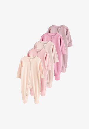 Cinci pijamale pentru bebe cu mâneci lungi, din material ribbed, în nuanțe de roz gradient, aranjate suprapuse, cu fermoare în față și manșete la mâneci.