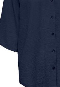 Navy blue short-sleeve shirt made of textured fabric, featuring a button-down front and relaxed fit. Buttons are matching navy.