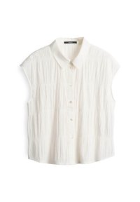 Blusa bianca a maniche corte con colletto, caratterizzata da un motivo a pieghe texturizzato e chiusura frontale con bottoni.