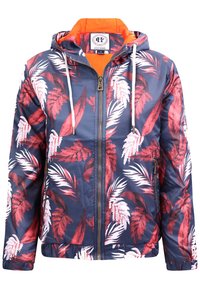 Laivastonsininen huppari, jossa punavalkoinen trooppisten lehtien kuvio, edessä vetoketju, valkoiset kiristysnauhat ja oranssi vuori.