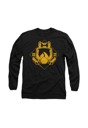 Schwarzes Langarmshirt mit einem gelben Grafikdesign eines Gasmaskes, einer Biene und chemischen Symbolen, vor einem Diamanten-Hintergrund.