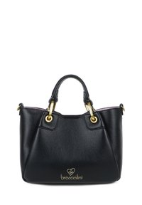 Borsa a mano in pelle nera con texture a grana fine, dettagli in metallo dorato, manici corti e interno rosa. Il logo è impresso sulla parte anteriore.