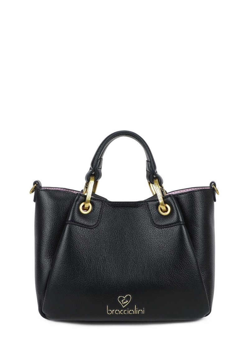 Borsa a mano in pelle nera con texture a grana fine, dettagli in metallo dorato, manici corti e interno rosa. Il logo è impresso sulla parte anteriore.
