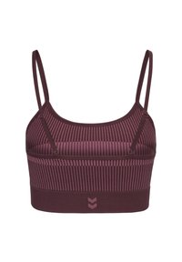 Bordeaux sport-bra met dunne bandjes, geribbelde textuur, contrasterende lichte strepen en een stevige band met een subtiel logo.