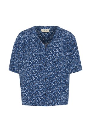 Maglietta a maniche corte con colletto a V di colore blu scuro, decorata con un motivo floreale in bianco e azzurro chiaro. Presenta una chiusura frontale con bottoni e una forma rilassata.