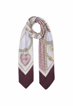 Longue écharpe rectangulaire avec motifs de chaînes et de cadenas beiges et roses sur fond blanc et bordeaux, branding "LIU JO" sur cadenas en forme de cœur.