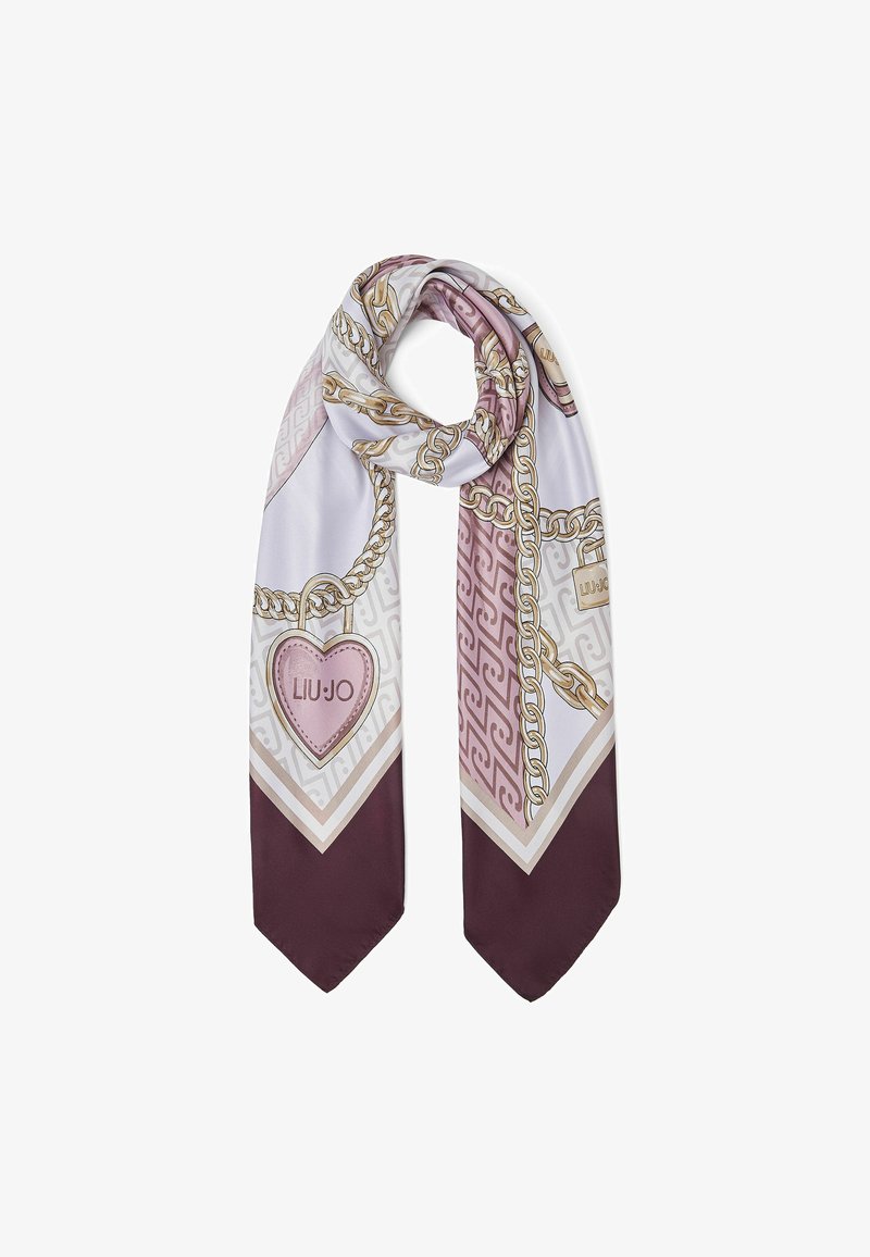 Bufanda rectangular larga con patrones de cadenas y candados en beige y rosa sobre fondo blanco y burdeos, con la marca "LIU JO" en un candado en forma de corazón.